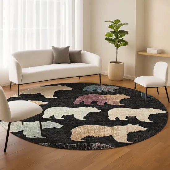 8' Black Ivory And Brown Round Animal Print Washable Indoor Outdoor Area Rug Photo 9
