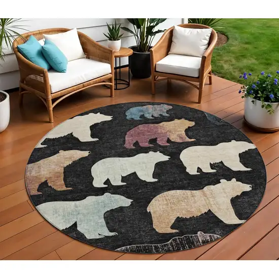 8' Black Ivory And Brown Round Animal Print Washable Indoor Outdoor Area Rug Photo 1