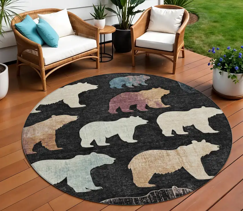 8' Black Ivory And Brown Round Animal Print Washable Indoor Outdoor Area Rug Photo 1