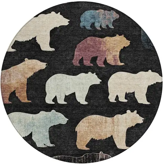 8' Black Ivory And Brown Round Animal Print Washable Indoor Outdoor Area Rug Photo 4