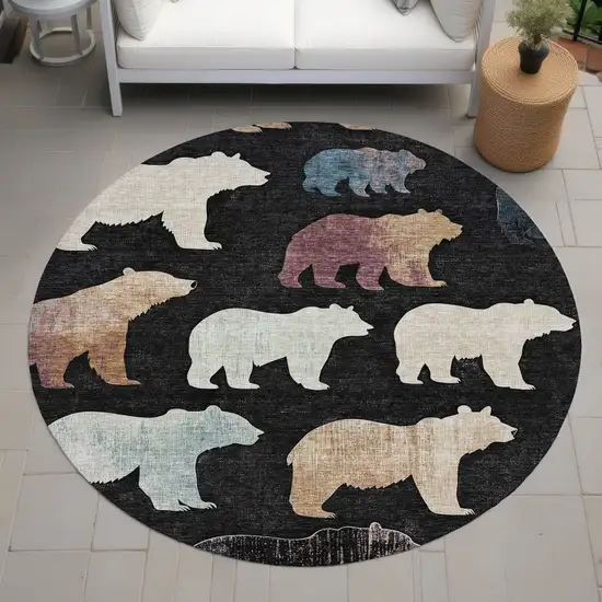 8' Black Ivory And Brown Round Animal Print Washable Indoor Outdoor Area Rug Photo 8
