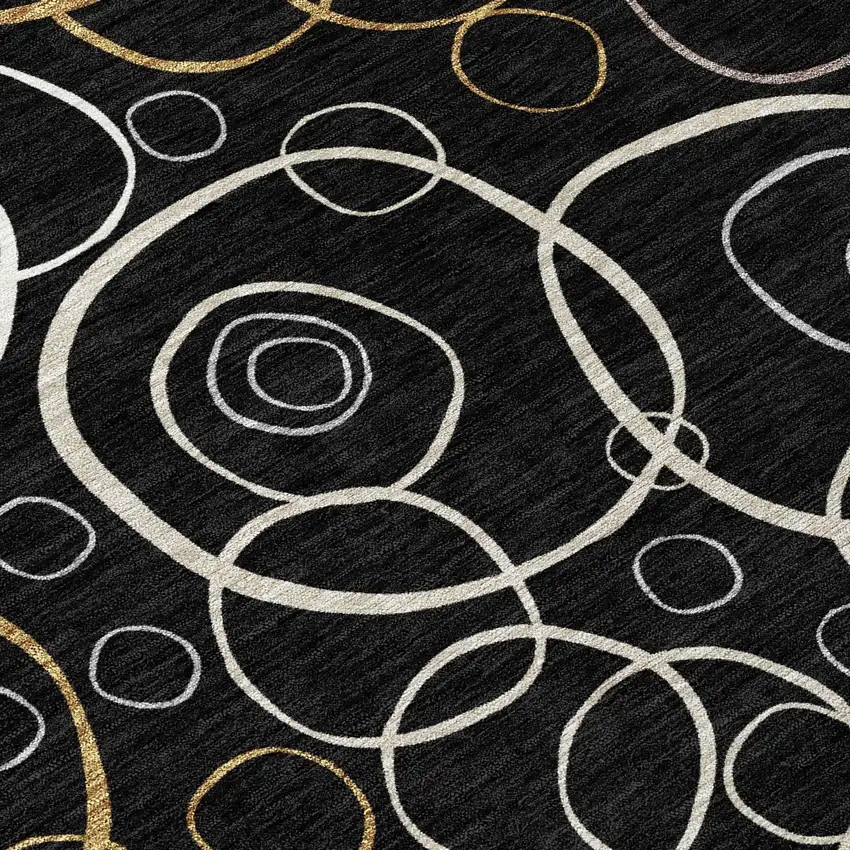 8' Black Ivory And Brown Round Geometric Washable Indoor Outdoor Area Rug Photo 9