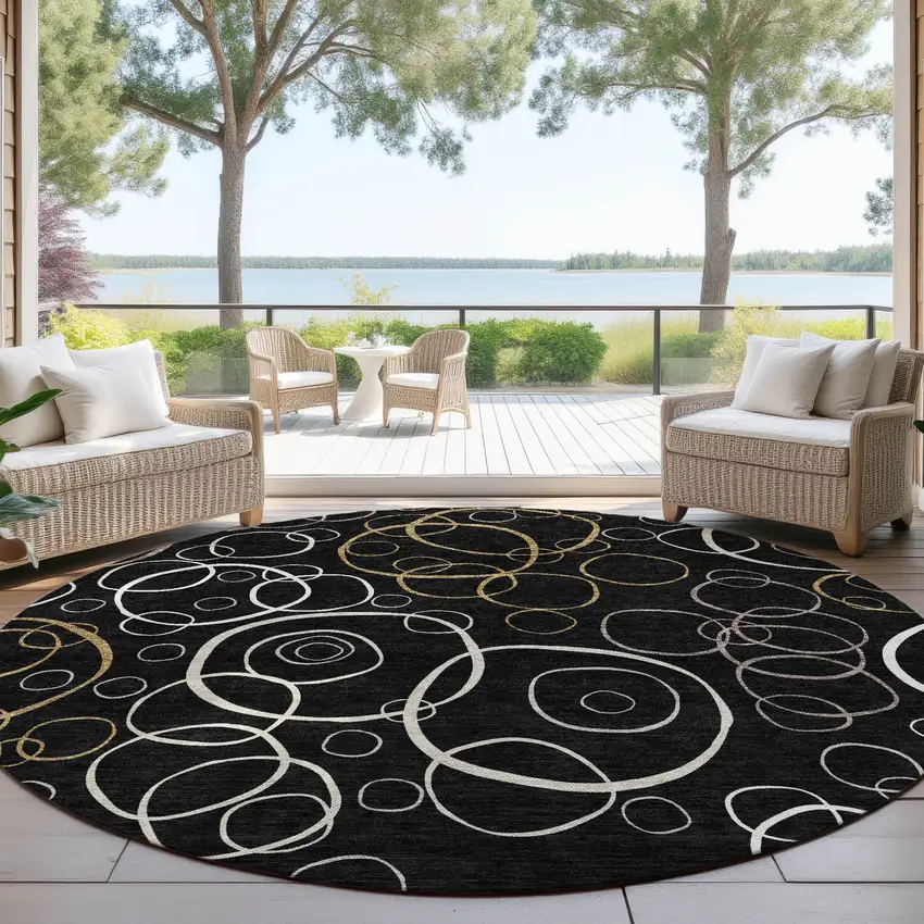 8' Black Ivory And Brown Round Geometric Washable Indoor Outdoor Area Rug Photo 4