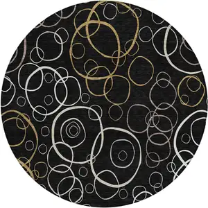 Photo of 8' Black Ivory And Brown Round Geometric Washable Indoor Outdoor Area Rug