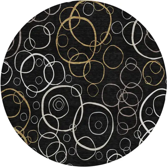 8' Black Ivory And Brown Round Geometric Washable Indoor Outdoor Area Rug Photo 1