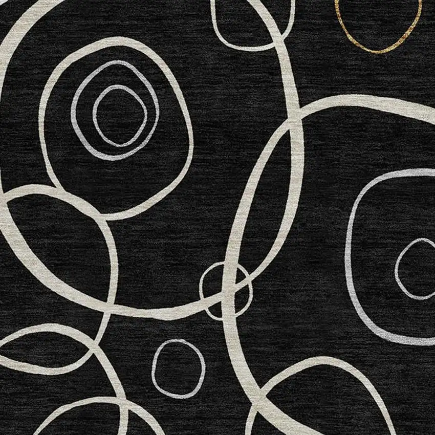 8' Black Ivory And Brown Round Geometric Washable Indoor Outdoor Area Rug Photo 2