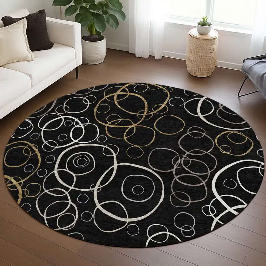 8' Black Ivory And Brown Round Geometric Washable Indoor Outdoor Area Rug Photo 5