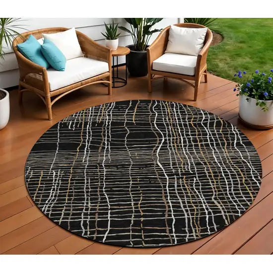 8' Black Ivory And Brown Round Striped Washable Indoor Outdoor Area Rug Photo 1