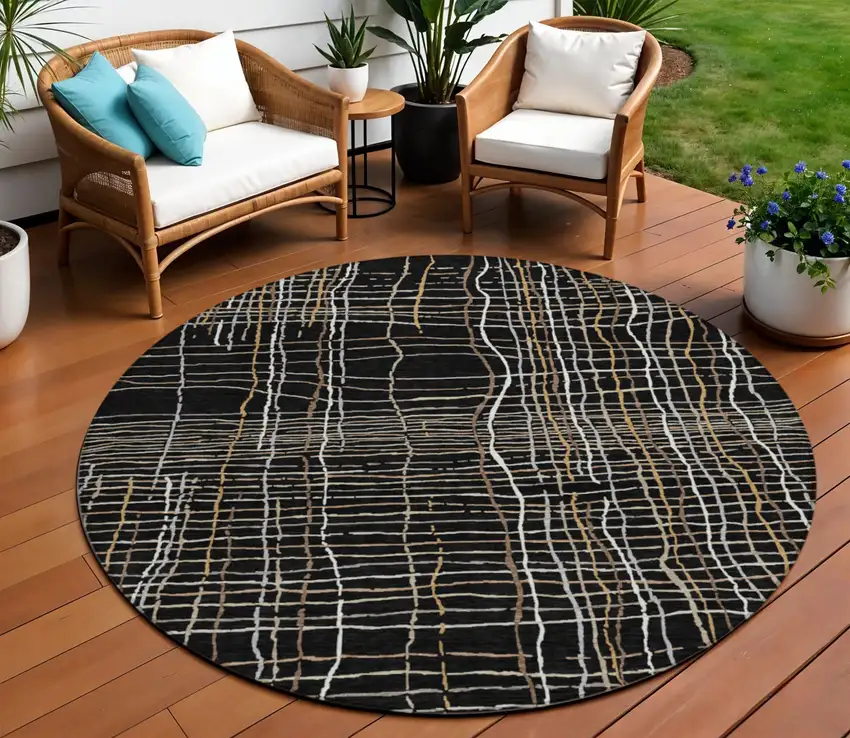 8' Black Ivory And Brown Round Striped Washable Indoor Outdoor Area Rug Photo 1