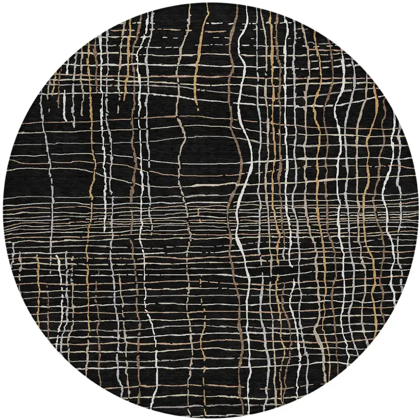 8' Black Ivory And Brown Round Striped Washable Indoor Outdoor Area Rug Photo 2