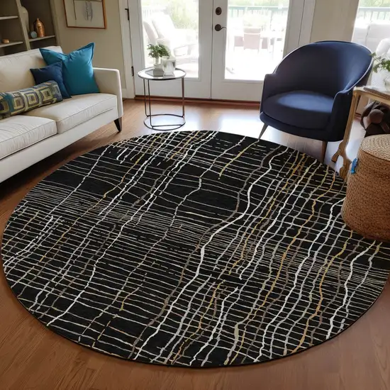 8' Black Ivory And Brown Round Striped Washable Indoor Outdoor Area Rug Photo 8