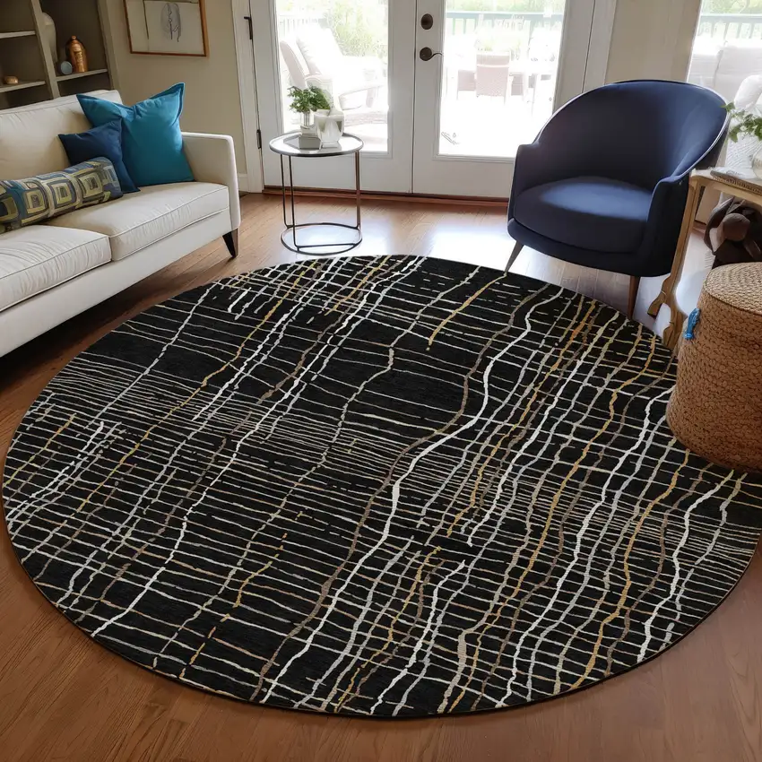 8' Black Ivory And Brown Round Striped Washable Indoor Outdoor Area Rug Photo 8