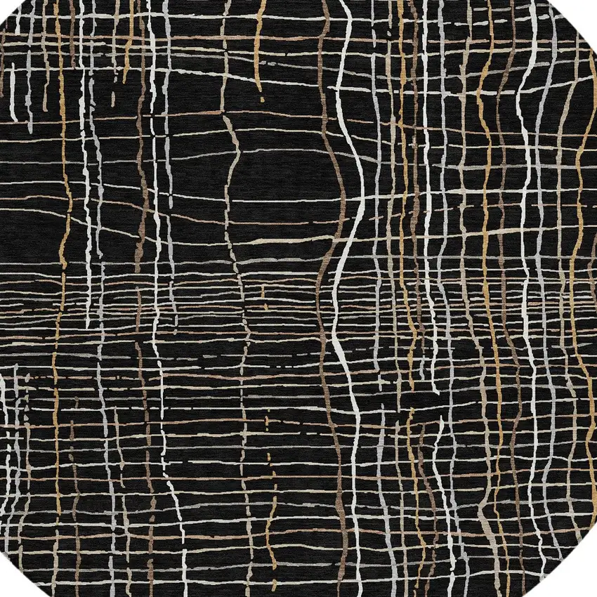 8' Black Ivory And Brown Round Striped Washable Indoor Outdoor Area Rug Photo 5