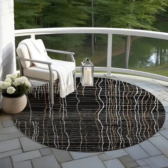 8' Black Ivory And Brown Round Striped Washable Indoor Outdoor Area Rug Photo 7