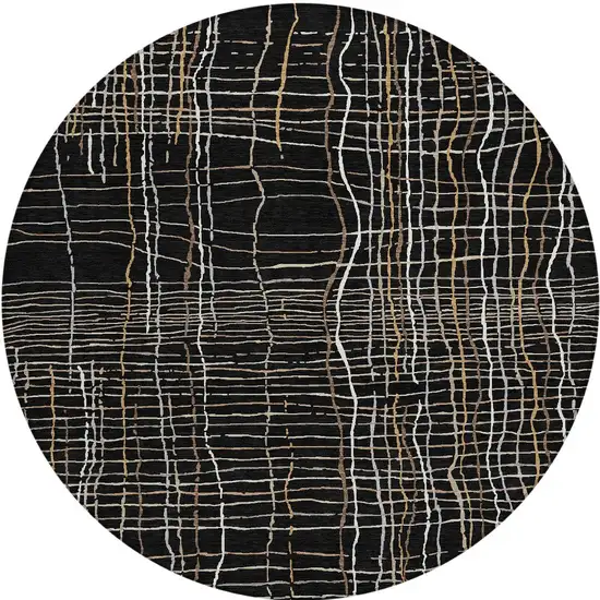 8' Black Ivory And Brown Round Striped Washable Indoor Outdoor Area Rug Photo 6