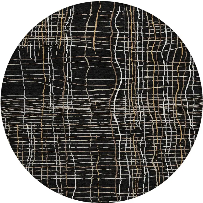 8' Black Ivory And Brown Round Striped Washable Indoor Outdoor Area Rug Photo 6