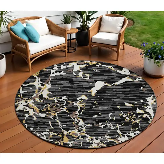 8' Black Ivory And Brown Round Striped Washable Indoor Outdoor Area Rug Photo 1