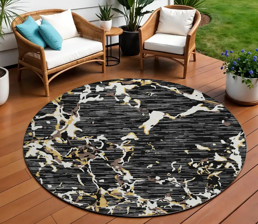 8' Black Ivory And Brown Round Striped Washable Indoor Outdoor Area Rug Photo 1