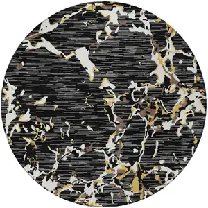 Photo of 8' Black Ivory And Brown Round Striped Washable Indoor Outdoor Area Rug