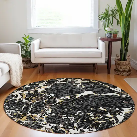 8' Black Ivory And Brown Round Striped Washable Indoor Outdoor Area Rug Photo 8