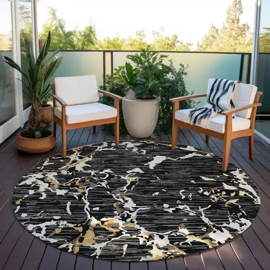 8' Black Ivory And Brown Round Striped Washable Indoor Outdoor Area Rug Photo 7