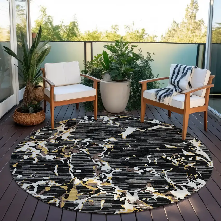 8' Black Ivory And Brown Round Striped Washable Indoor Outdoor Area Rug Photo 7