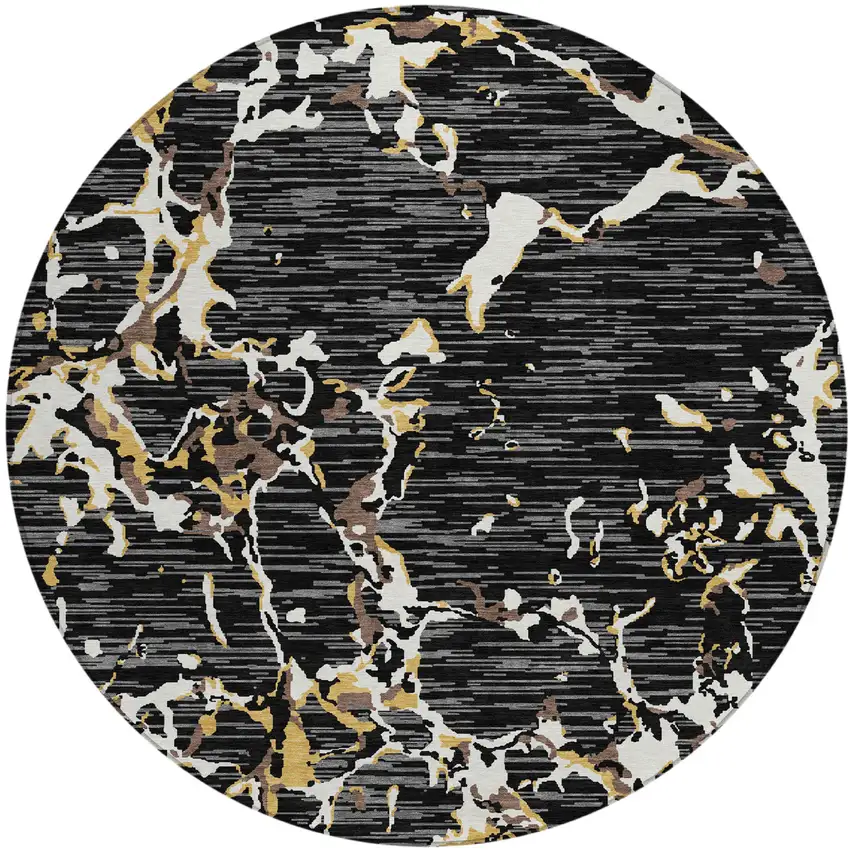 8' Black Ivory And Brown Round Striped Washable Indoor Outdoor Area Rug Photo 2