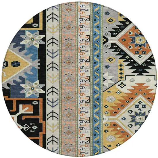 8' Black Ivory And Copper Round Aztec Washable Indoor Outdoor Area Rug Photo 2