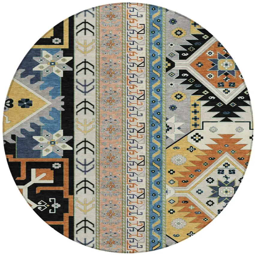 8' Black Ivory And Copper Round Aztec Washable Indoor Outdoor Area Rug Photo 2