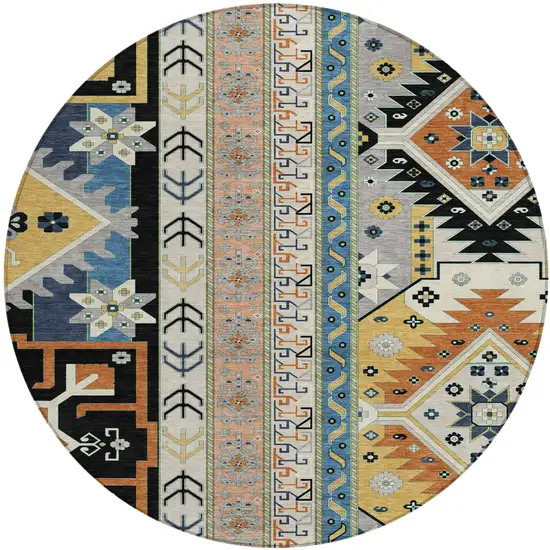 8' Black Ivory And Copper Round Aztec Washable Indoor Outdoor Area Rug Photo 2