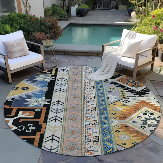 8' Black Ivory And Copper Round Aztec Washable Indoor Outdoor Area Rug Photo 7