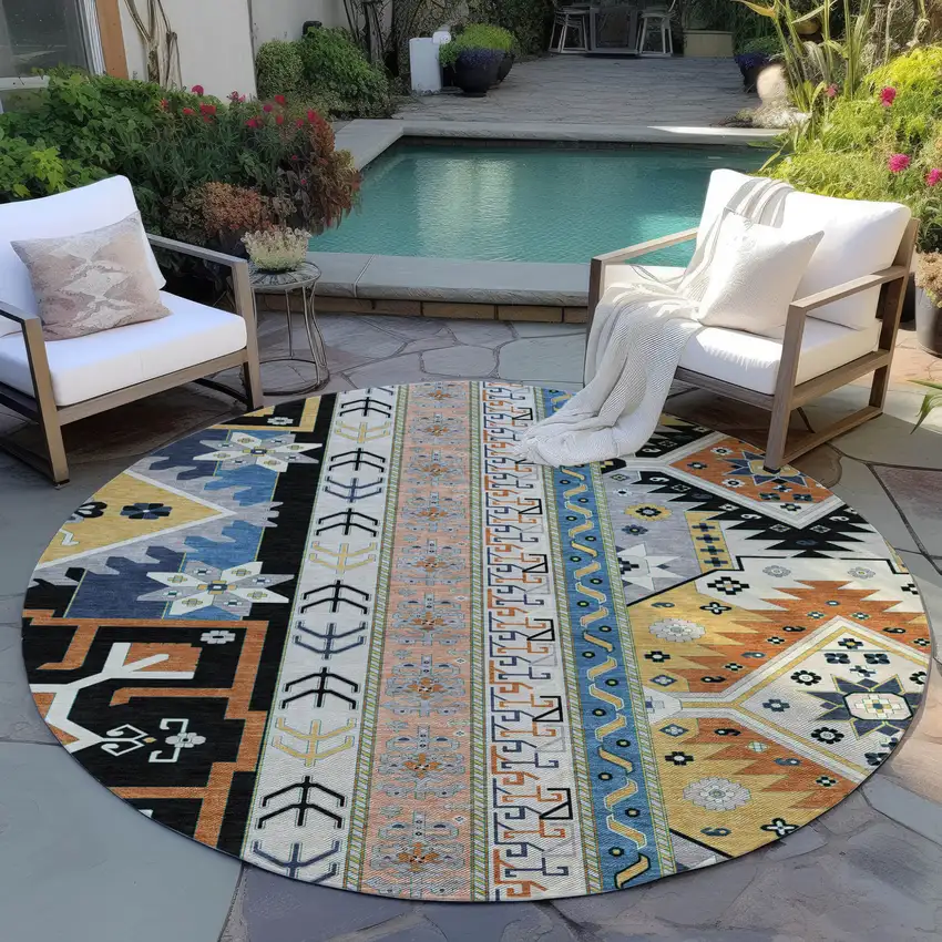 8' Black Ivory And Copper Round Aztec Washable Indoor Outdoor Area Rug Photo 7