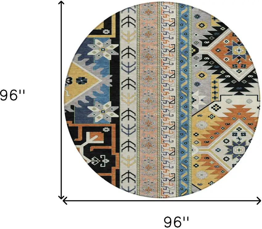 8' Black Ivory And Copper Round Aztec Washable Indoor Outdoor Area Rug Photo 3