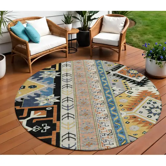 8' Black Ivory And Copper Round Aztec Washable Indoor Outdoor Area Rug Photo 1