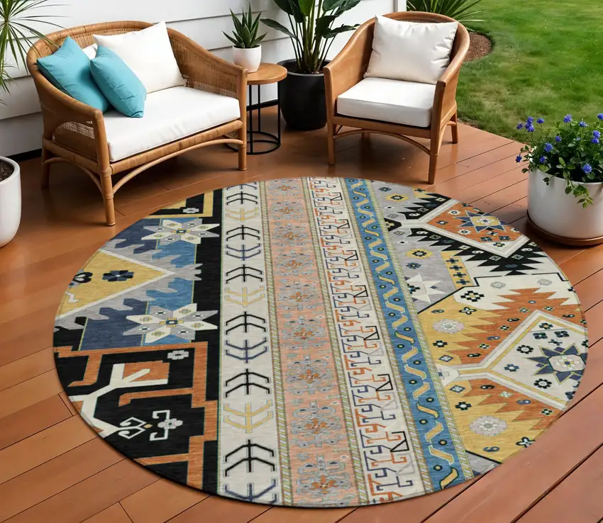 8' Black Ivory And Copper Round Aztec Washable Indoor Outdoor Area Rug Photo 1