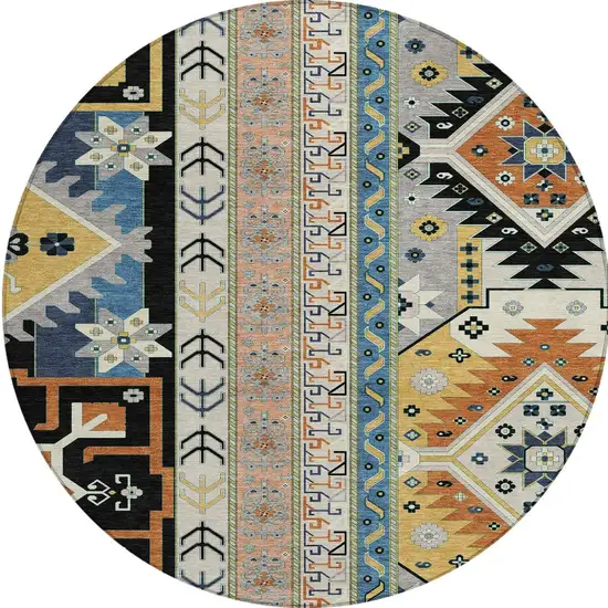 8' Black Ivory And Copper Round Aztec Washable Indoor Outdoor Area Rug Photo 6