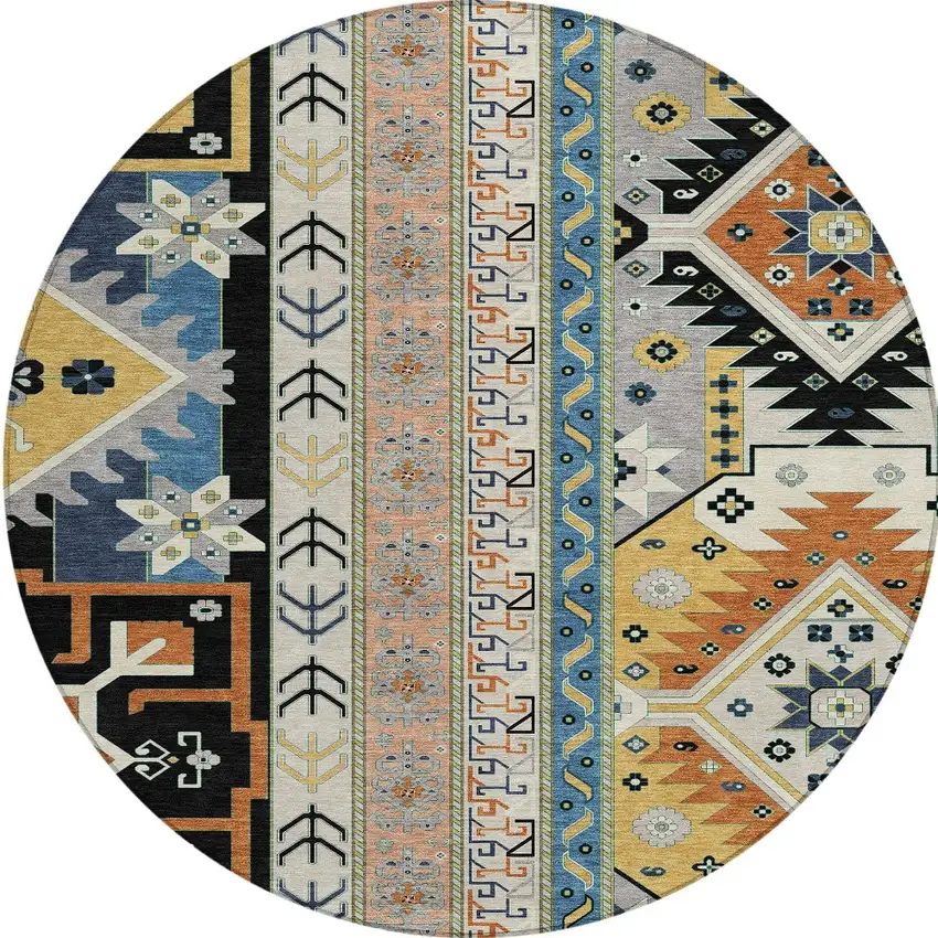 8' Black Ivory And Copper Round Aztec Washable Indoor Outdoor Area Rug Photo 6
