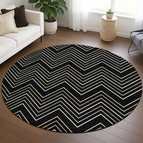 8' Black Ivory And Copper Round Geometric Washable Indoor Outdoor Area Rug Photo 4