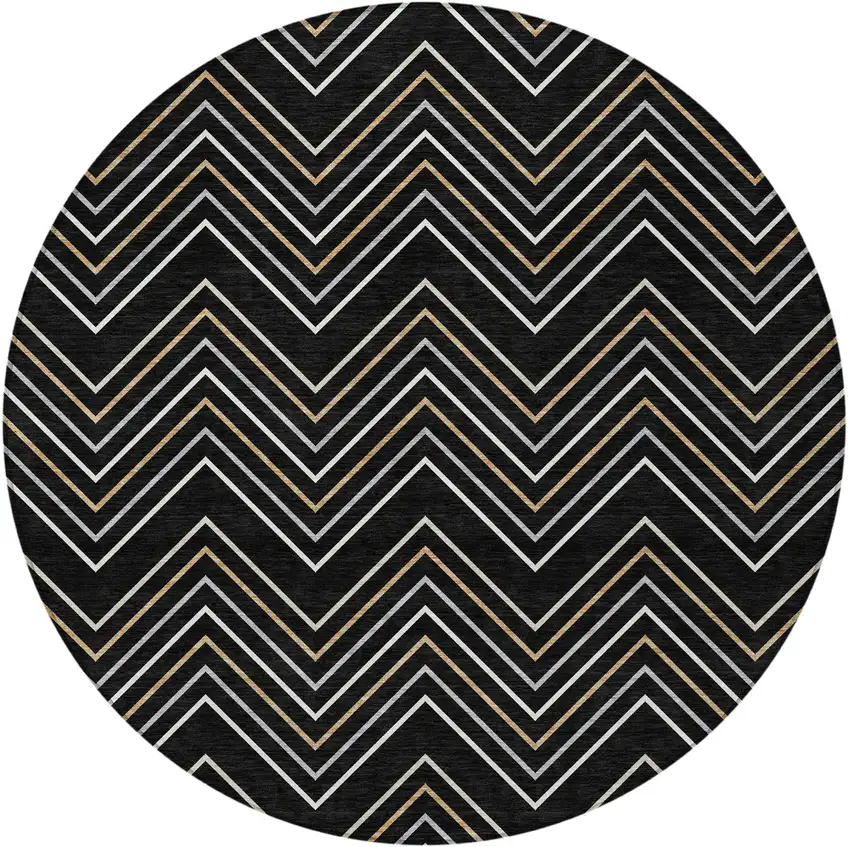 8' Black Ivory And Copper Round Geometric Washable Indoor Outdoor Area Rug Photo 2