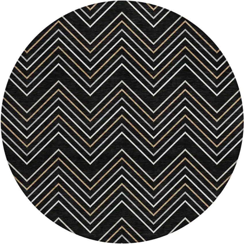 8' Black Ivory And Copper Round Geometric Washable Indoor Outdoor Area Rug Photo 1