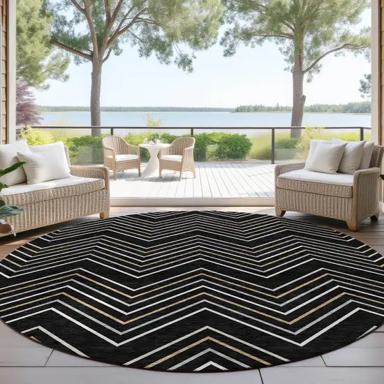 8' Black Ivory And Copper Round Geometric Washable Indoor Outdoor Area Rug Photo 3