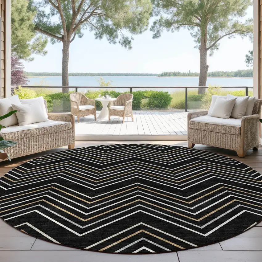 8' Black Ivory And Copper Round Geometric Washable Indoor Outdoor Area Rug Photo 3