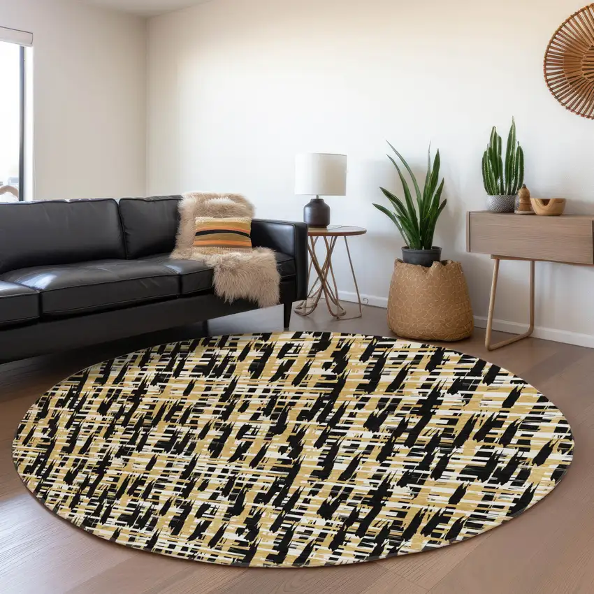 8' Black Ivory And Gold Abstract Geometric Washable Round Rug With UV Protection Photo 4