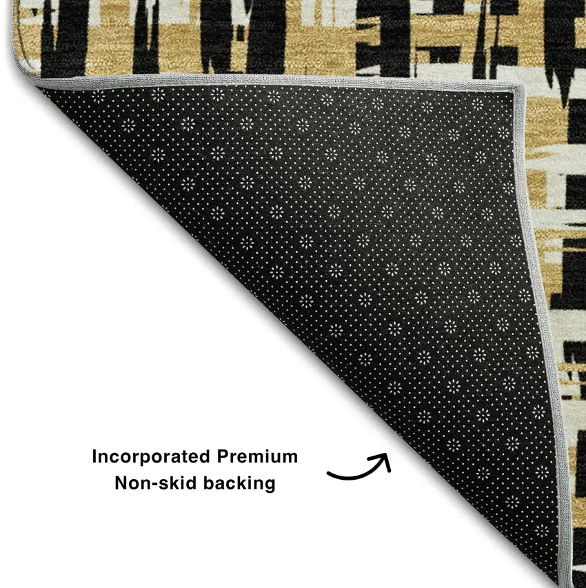 8' Black Ivory And Gold Abstract Geometric Washable Round Rug With UV Protection Photo 5