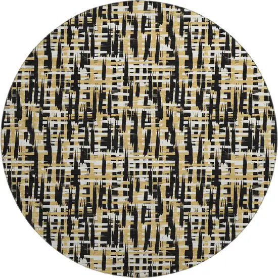 8' Black Ivory And Gold Abstract Geometric Washable Round Rug With UV Protection Photo 1