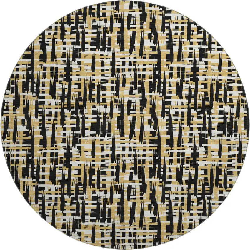 8' Black Ivory And Gold Abstract Geometric Washable Round Rug With UV Protection Photo 1