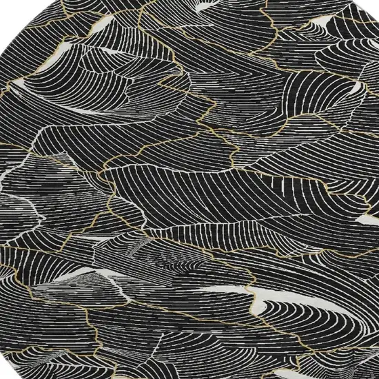 8' Black Ivory And Gold Abstract Washable Round Rug With UV Protection Photo 2