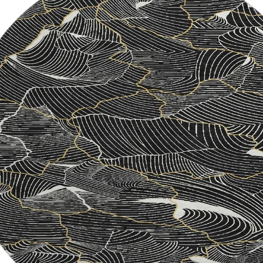 8' Black Ivory And Gold Abstract Washable Round Rug With UV Protection Photo 2