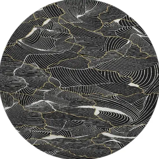 8' Black Ivory And Gold Abstract Washable Round Rug With UV Protection Photo 3