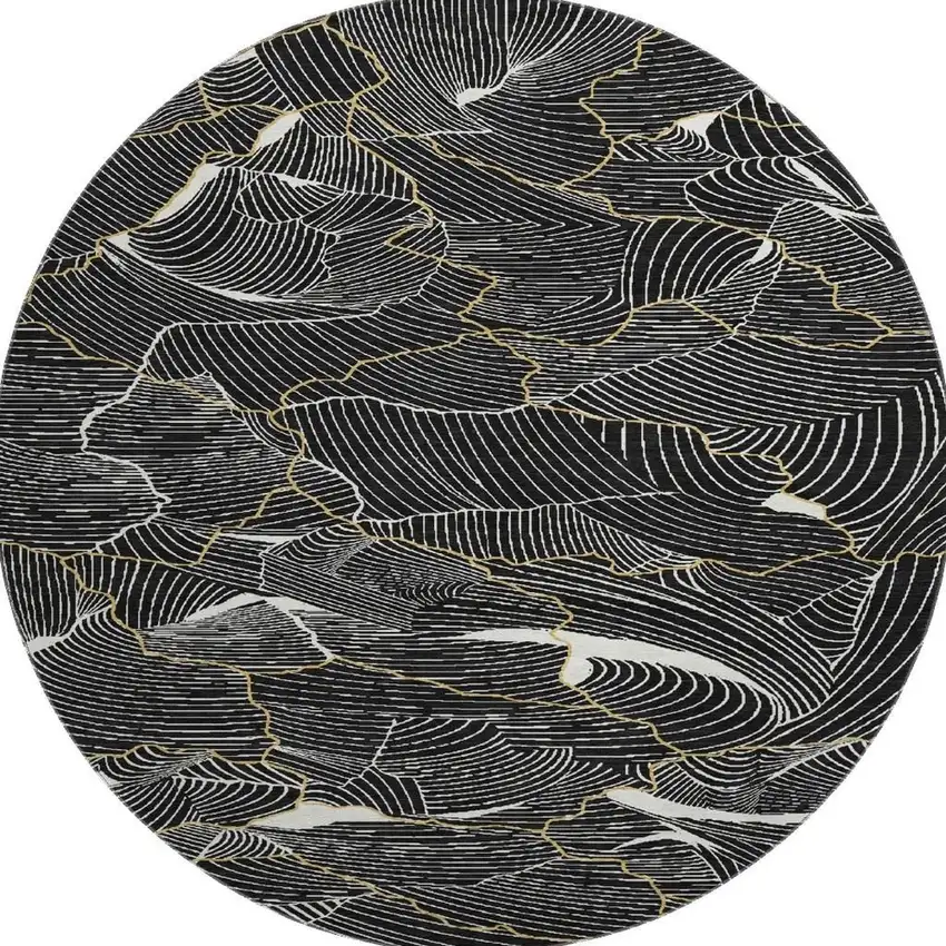 8' Black Ivory And Gold Abstract Washable Round Rug With UV Protection Photo 3